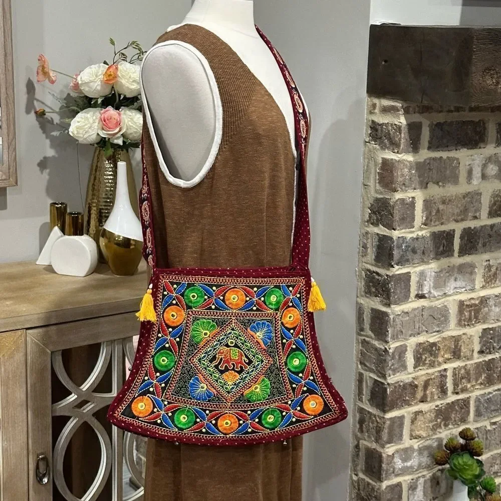 RAJASTHANI Bohemian Hand Embroidered Elephant Sling Crossbody Red Jholna Bag